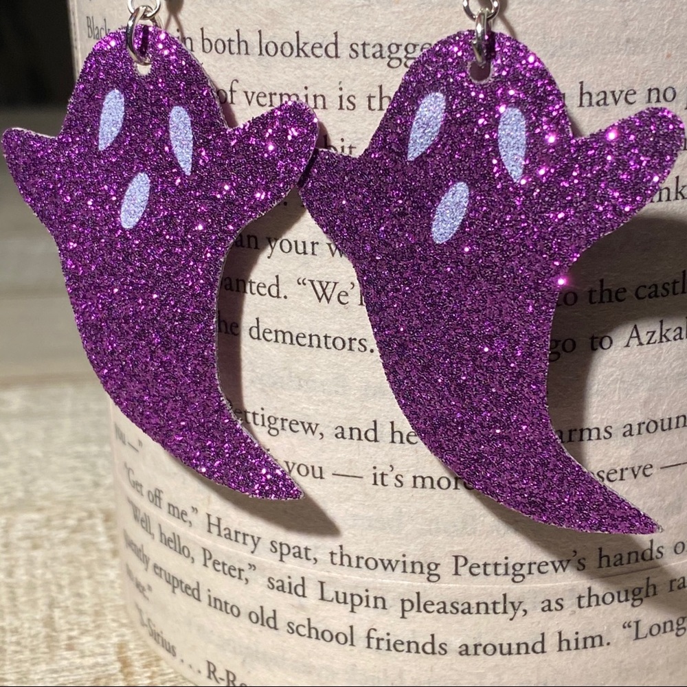 3 for $15 Purple Glitter Ghost Earrings Leather - Picture 3 of 6